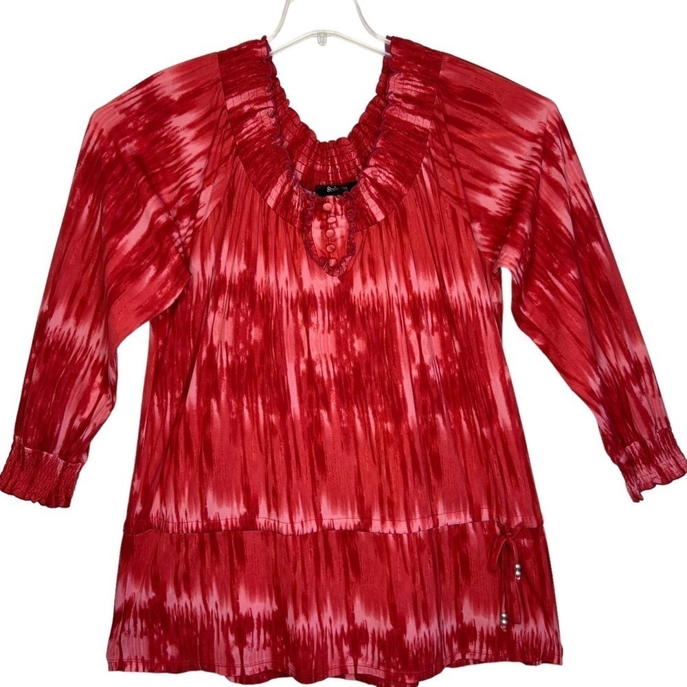 Style & Co Red Watercolor Print Scoop Neck Peasant 3/4 Sleeves Top Size 1X